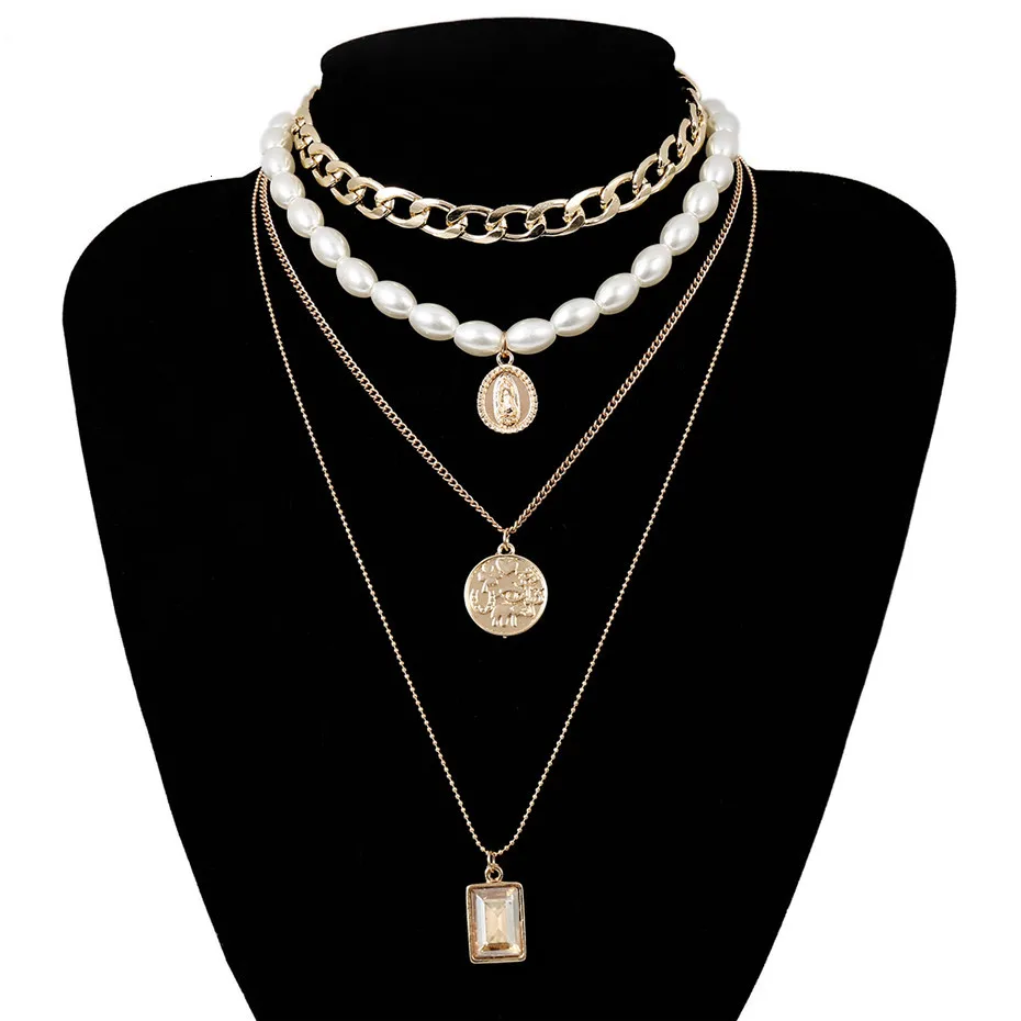 Ingemark Virgin Mary Pendant Choker Necklace Sweet White Pearls Crystal Square Golden Thick Chain Long Necklace Women Jewelry