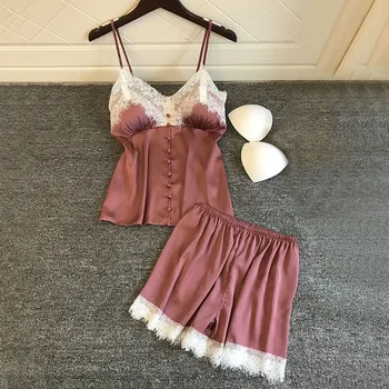 

Women's Set Pyjamas Silk Sexy Satin Underwear Lace Camisole Shorts Lingerie S-XL Sleeveless Sleepwear Vestido para dormir W5