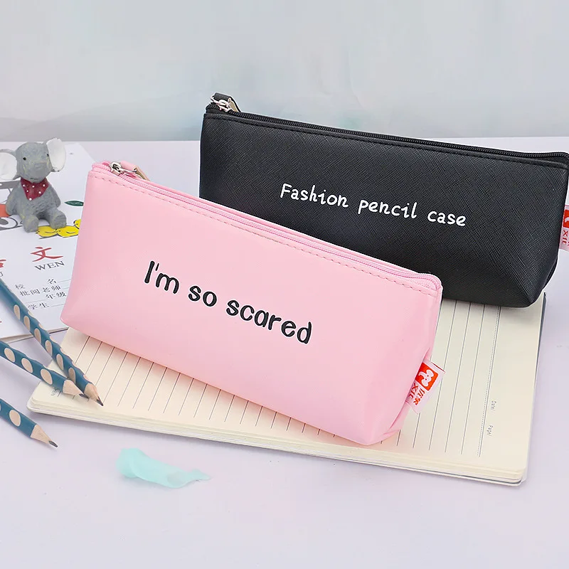 

Maotaizi Young STUDENT'S Simple English Lettered Stationery Bag Zipper Leather Pencil Bag Creative Solid Color PU Pen Gag