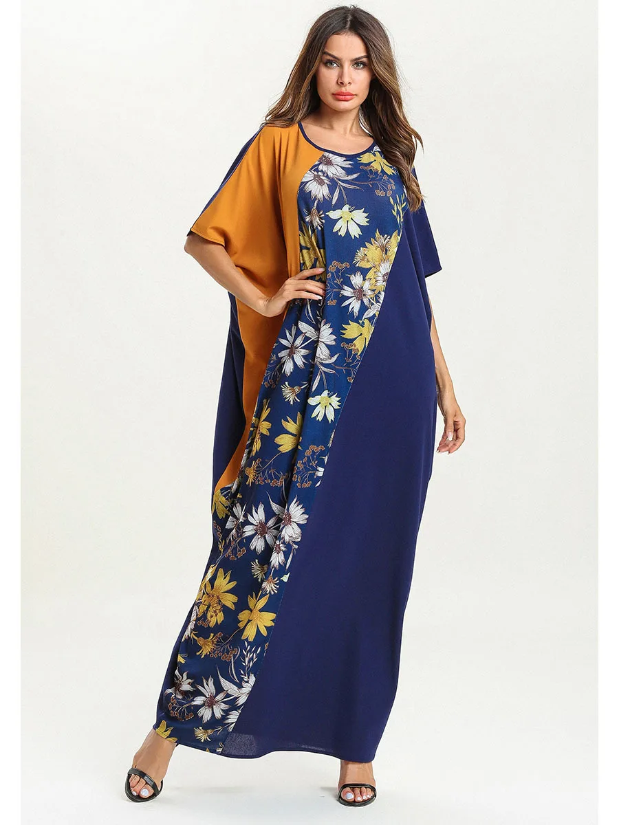 Print Loose Muslim Dress Women Floral Splice Big Swing Bat Short Sleeve Dresses Elbise Islam Dubai Turkey Kimono Clothing 2020 |