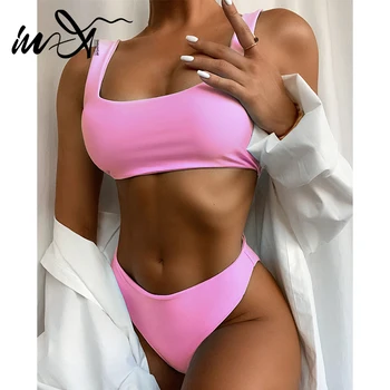 

In-X Sports pink bikinis 2020 mujer Sexy mid waist swimsuit female Push up swimwear women Solid bathing suit Swim suit bathers