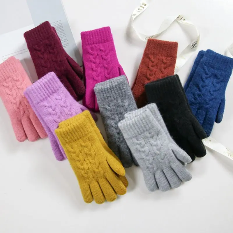 Women Winter Crochet Knitted Full Finger Gloves Touchscreen Thick Plush Lined Wrist Warmer Solid Color Stretchy Magic Mittens