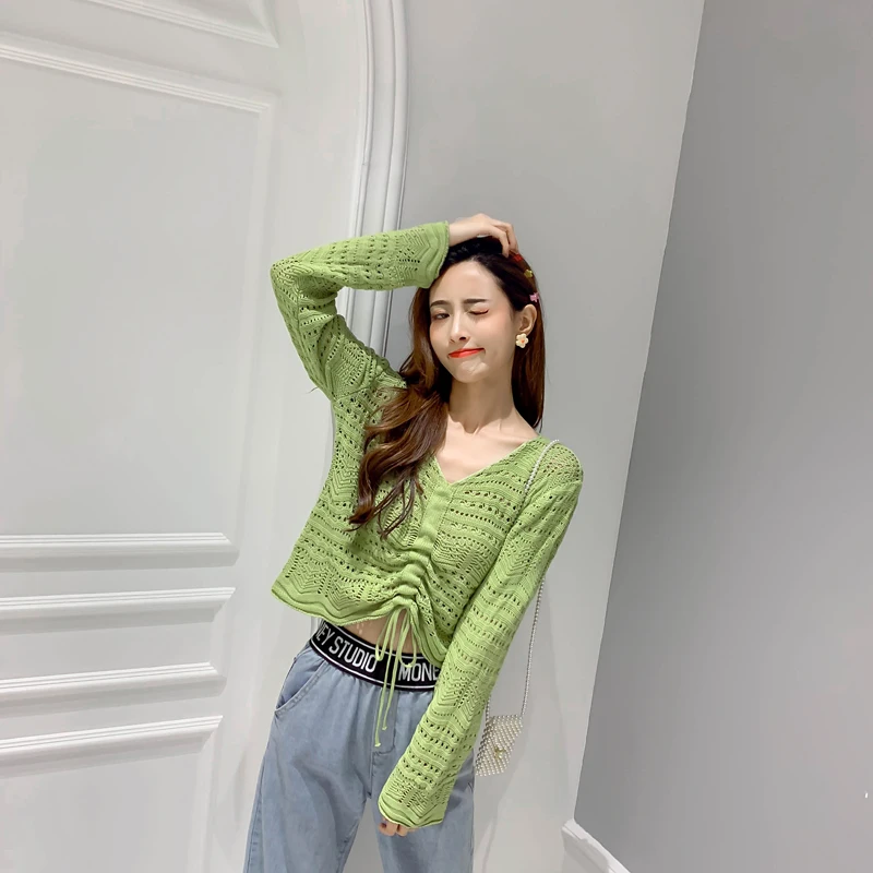 

Casual 2019 New Sweater Knitted Loose Hollow Sexy avocado Green Short Knitted Sweater Lace up Long Sleeve Pullover Sweater 501D