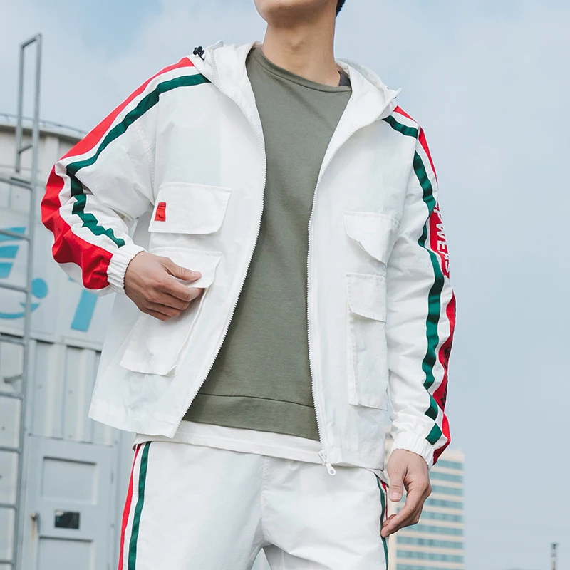 jacket - White Брендовые мужские спортивные костюмы, свободная удобная повседневная куртка+ спортивные штаны, комплект из 2 предметов, мульти-карман, Белый спортивный костюм с капюшоном для бега - Цвет: jacket - White