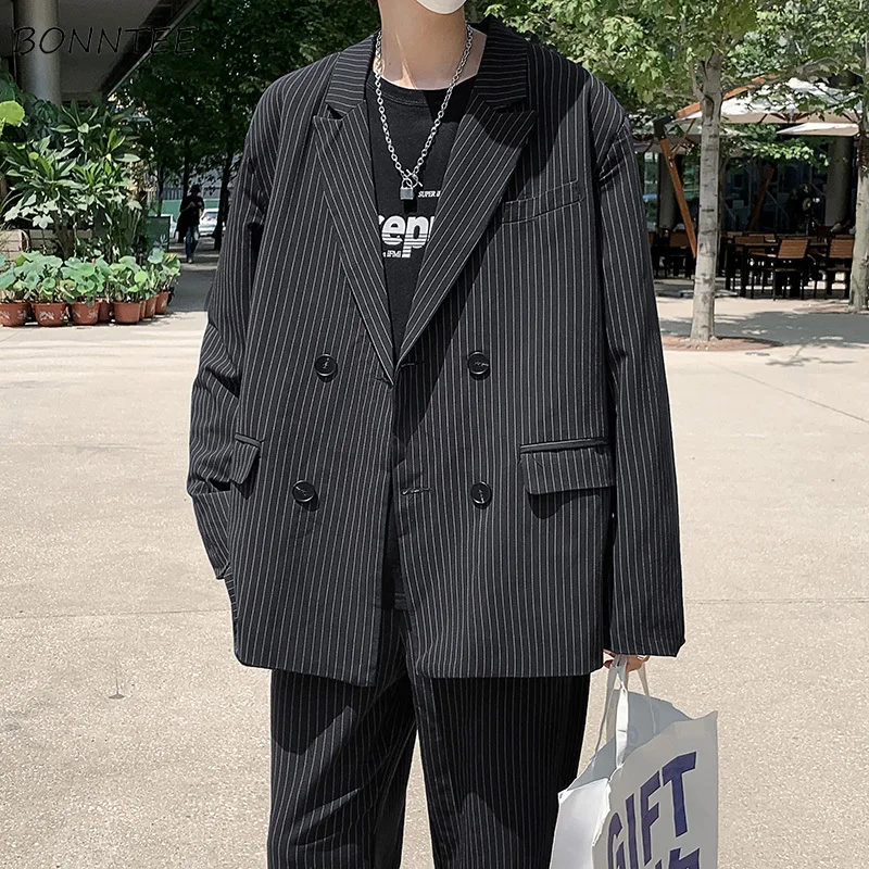 Striped Blazers Men Double Breasted Handsome Males High Quality Trendy Korean Loose Vintage Streetwear Suit's Tops Autumn Coats
