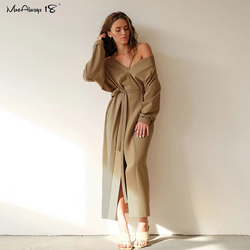Mnealways18 зимнее элегантное коричневое длинное платье женское вязаное на шнуровке