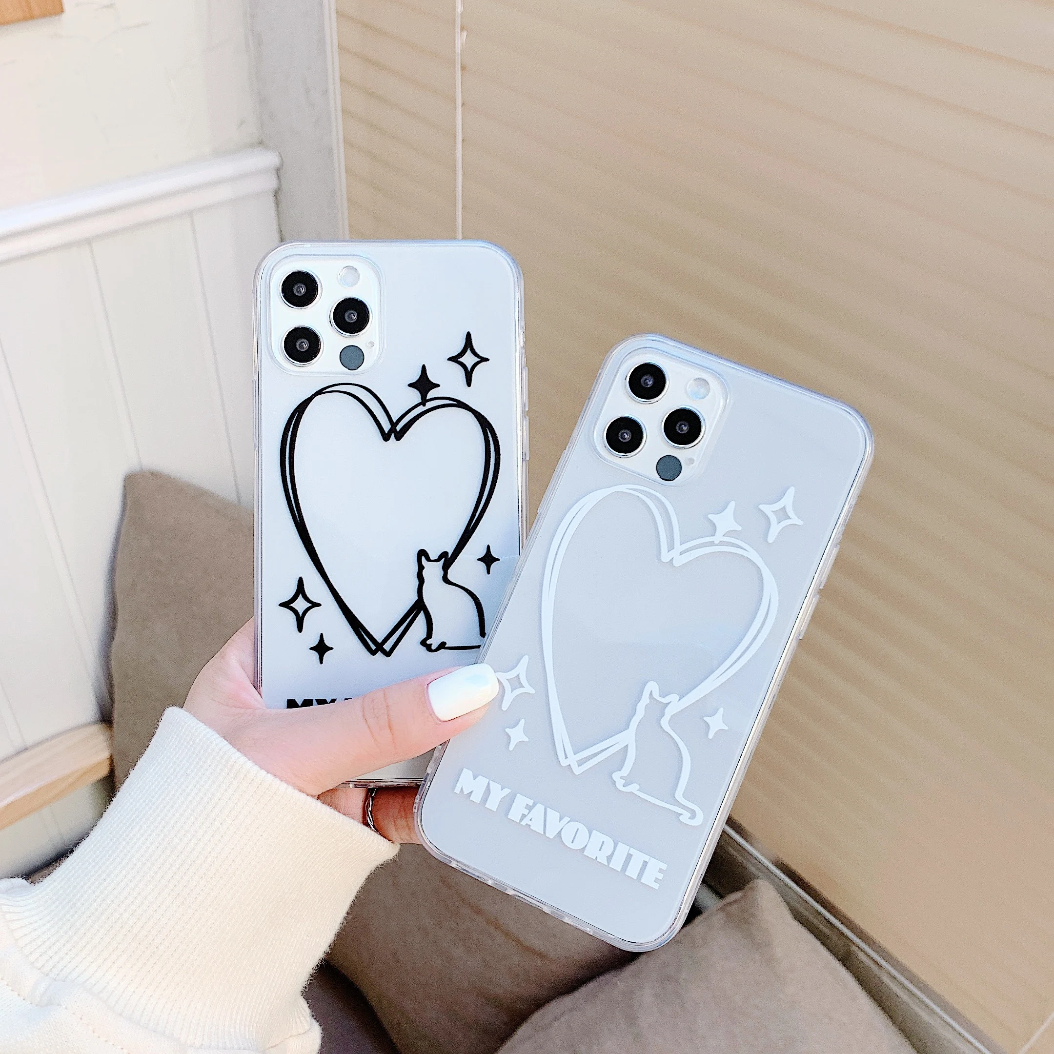 Cute cartoon cat heart phone case for iphone 12 11 Pro Max 12mini XR X XS MAX 7 8 Plus clear tpu soft fundas silicone back | Мобильные