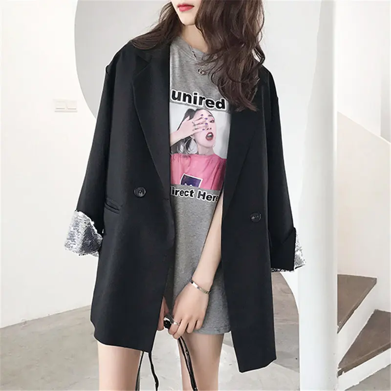 Heydress/осенние винтажные аппликации с пайетками, вырезы, повседневные, свежие, женские, высококачественные, офисные, женские, длинные рукава, сплошные блейзеры - Цвет: black