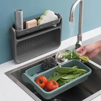 

Kitchen Sink Wall-mounted Plastic Drain Basket Adjustable Holder No-punch Sink Rack Hanging Storage Holder Kitchen Organizer