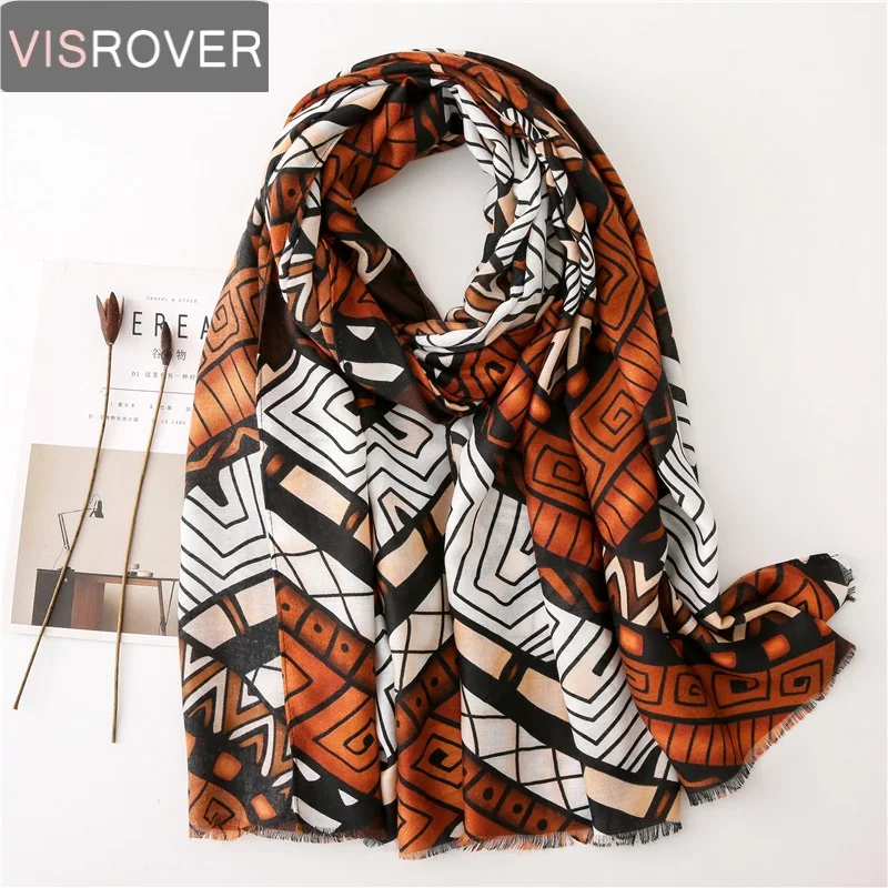 Visrover Grometric Print Beach Scarf Luxury Brand Viscose Big Head Check Hijab Scarfs For Women Fashionable Spring |