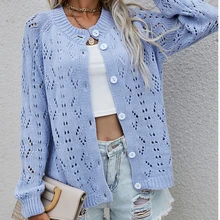 

2021 Autumn and Winter New Fashion Button Cardigan Hollow Solid Color Knitted Sweater Casual Large Size Long Sleeve Tops Female