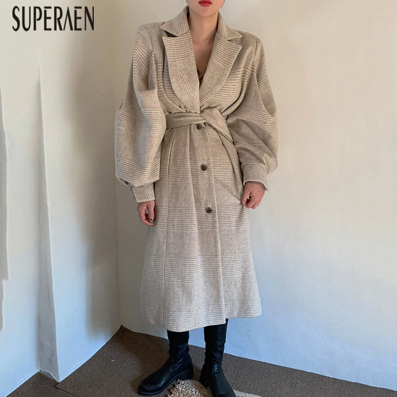 SuperAen, корейский стиль, Женское шерстяное пальто, новинка, зимнее однобортное Женское шерстяное пальто с отворотом, клетчатая модная женская одежда