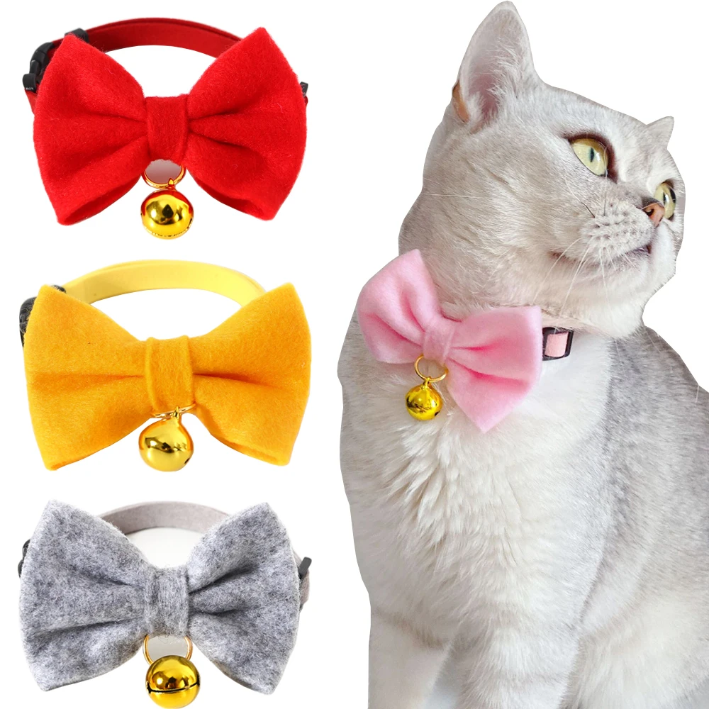 

Bowtie Cat Collar with Bells Basic Solid Color Breakaway Safety Kitten Collars Adjustable Classic Pattern For Cats Pets Kitty