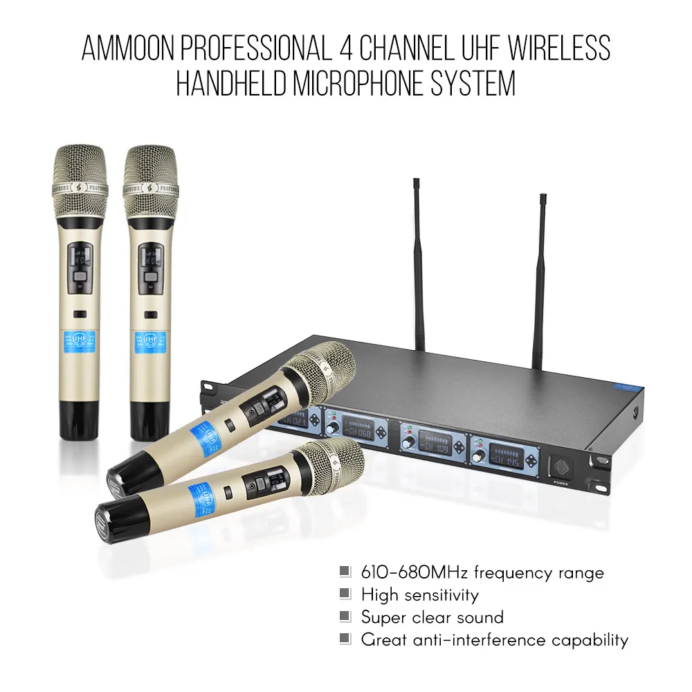 Ammoon 4D-B Профессиональный 4 канал частоты UHF Беспроводной Карманный микрофон системы 4 микрофона 1 беспроводной приемник 6,35 мм аудио кабель
