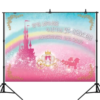 

Lyavshi Sparkly Gold Royal Princess photography backdrops Rainbow Pink Castle Baby Shower Birthday Party Banner photo background