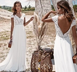 Beach Wedding Dresses A-line V-neck Cap Sleeves Chiffon Lace Backless Dubai Arabic Wedding Gown Bridal Dress Vestido De Noiva