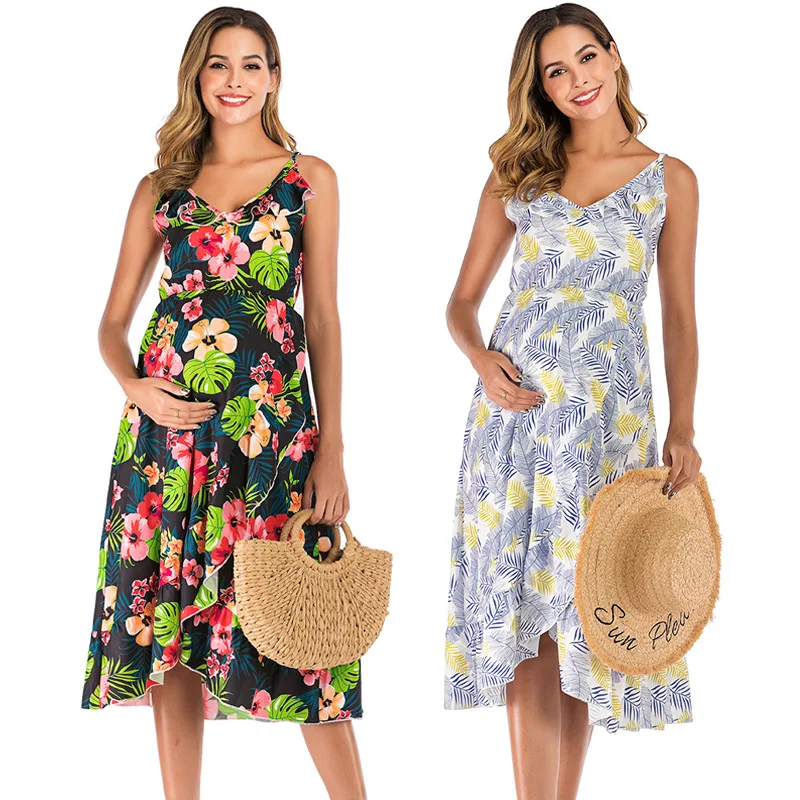 

6030 Hot Selling Europe And America Flounced Ink Deep-V Camisole Loose-Fit Irregular Printed Loose-Fit Pregnant Women Dress