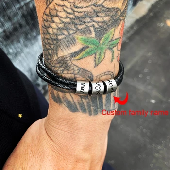 

custom family name bracelet Personalized Stainless Steel Charm Bracelets black rope Men Bracelet Custom Beads Husband Gift