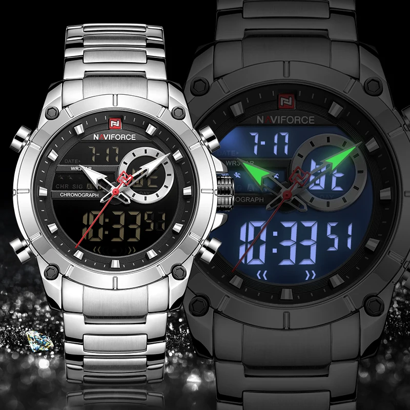 Часы NAVIFORCE мужские спортивные водонепроницаемые кварцевые из нержавеющей стали |
