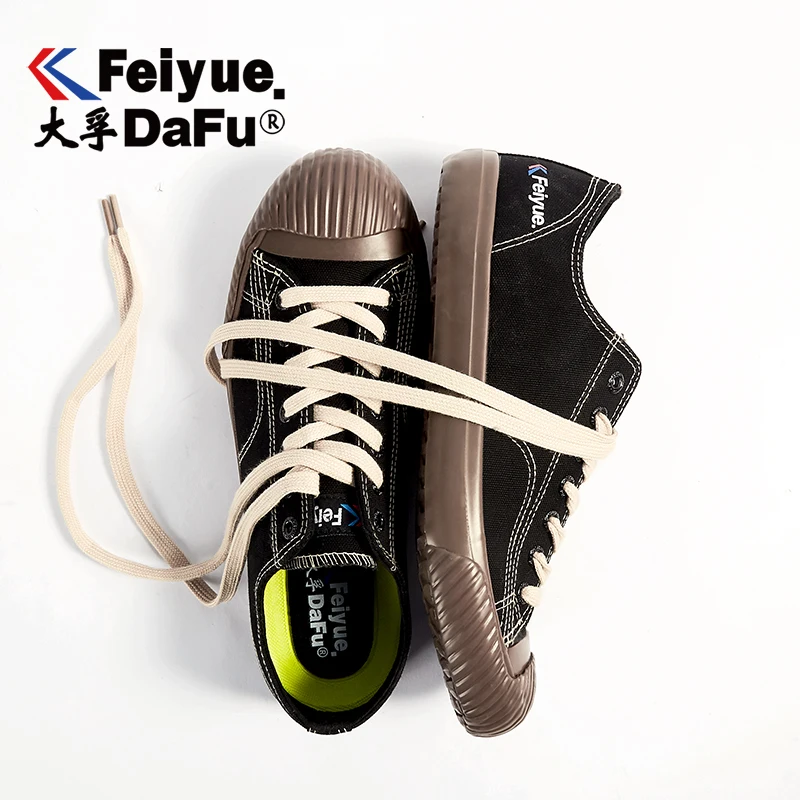 Feiyue Новинка, холст обувь 2107 Ретро черный Туфли без каблуков; туфли с подошвой из вулканизированной резины Для женщин Для мужчин упругие стельки тренд осени Повседневное модные кроссовки