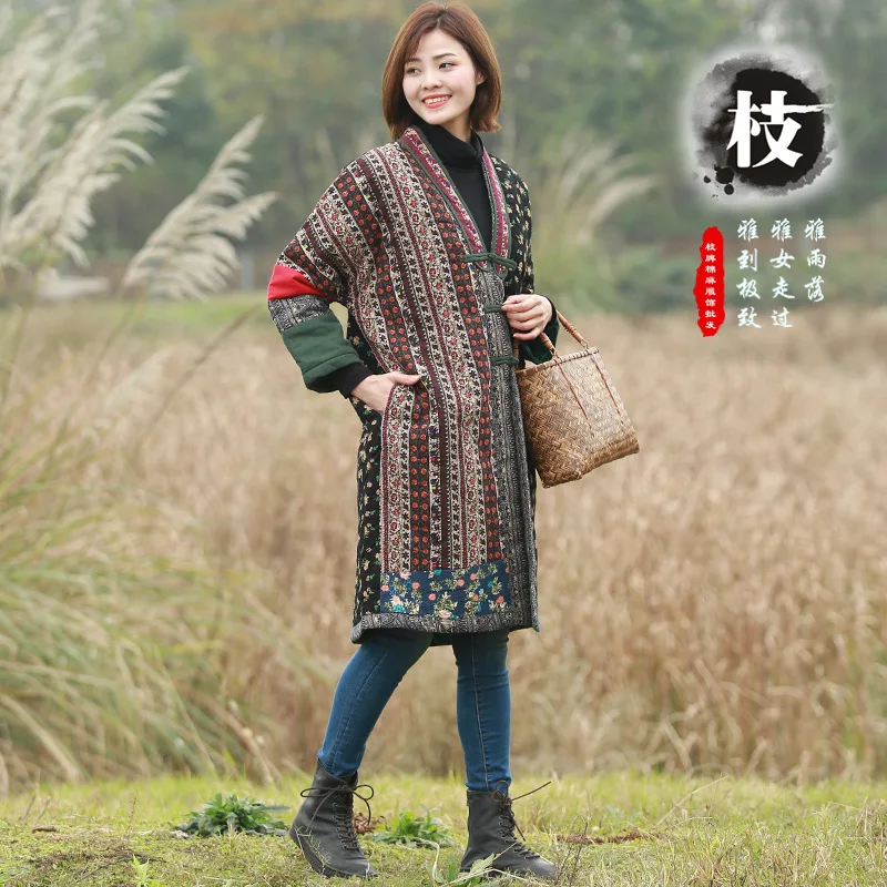 

Zhi pai plus Velvet Long Sleeve Cotton Linen WOMEN'S Dress National Wind Cotton-padded Clothes Women's Long Coat Women's Winter