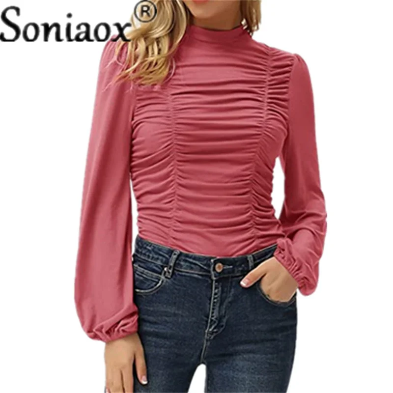 2021 Autumn Women Blouse Solid Color O-Neck Tops Half-High Collar Pleated Lantern Long Sleeve T-Shirt Ladies Casual Pullover