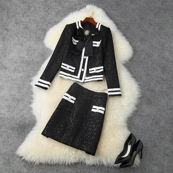 

High-Quality Latest 2020 Designer Runway Suit Set Women's Color Block Bow Collar Tweed Jacket Skirt Set