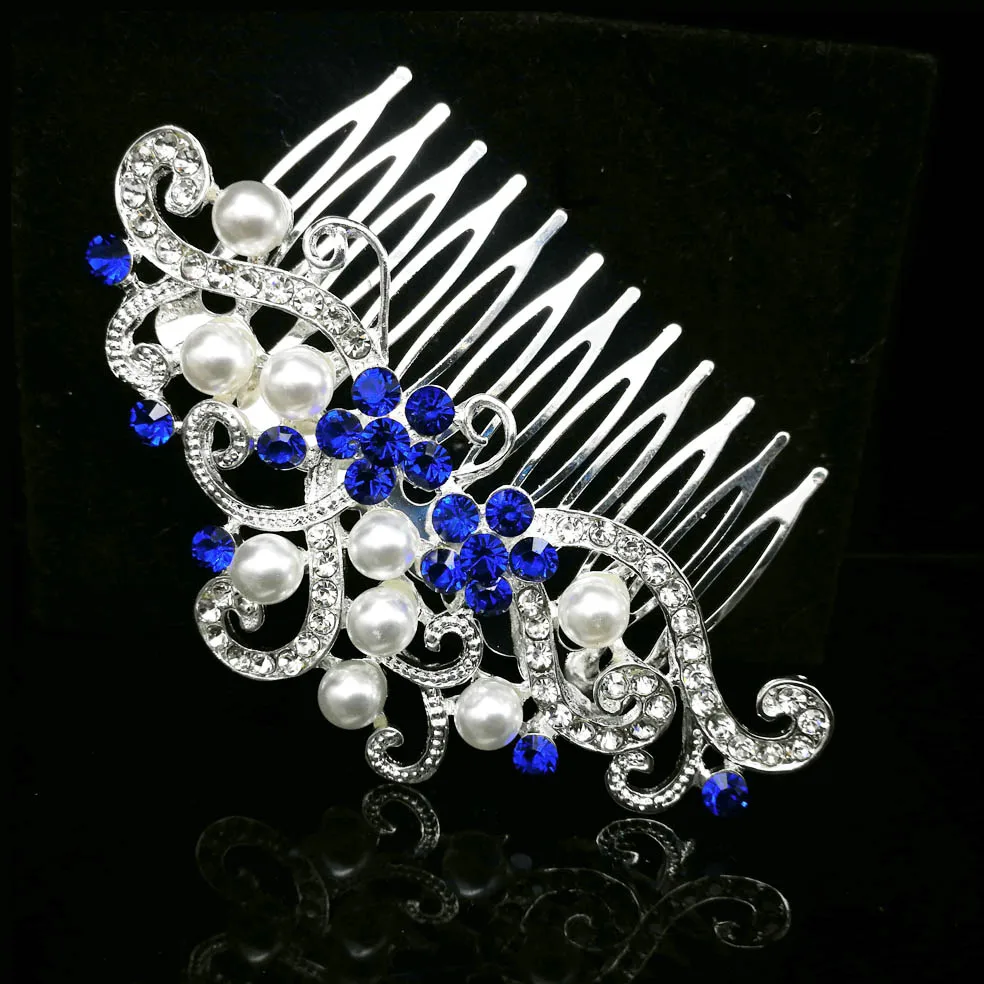 Элегантные Свадебные расчески для волос для невесты, синие кристаллы, стразы, жемчуг, женские шпильки, свадебный головной убор, украшения для волос, аксессуары - Окраска металла: Silver Blue