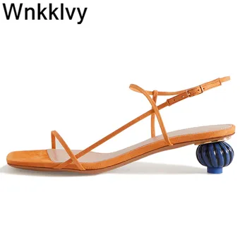 

Strange style Pumpkin high heel Sandals women suede square toe narrow band ankle strap sandalias summer party vacation shoes