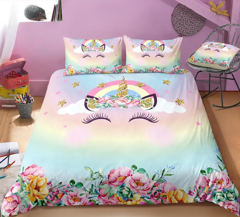 3D комплекты постельного белья с принтом розового цвета для девочек, яркие облака, Радужный принт, милые модные постельные принадлежности, комплекты для девочек, 2/3 шт