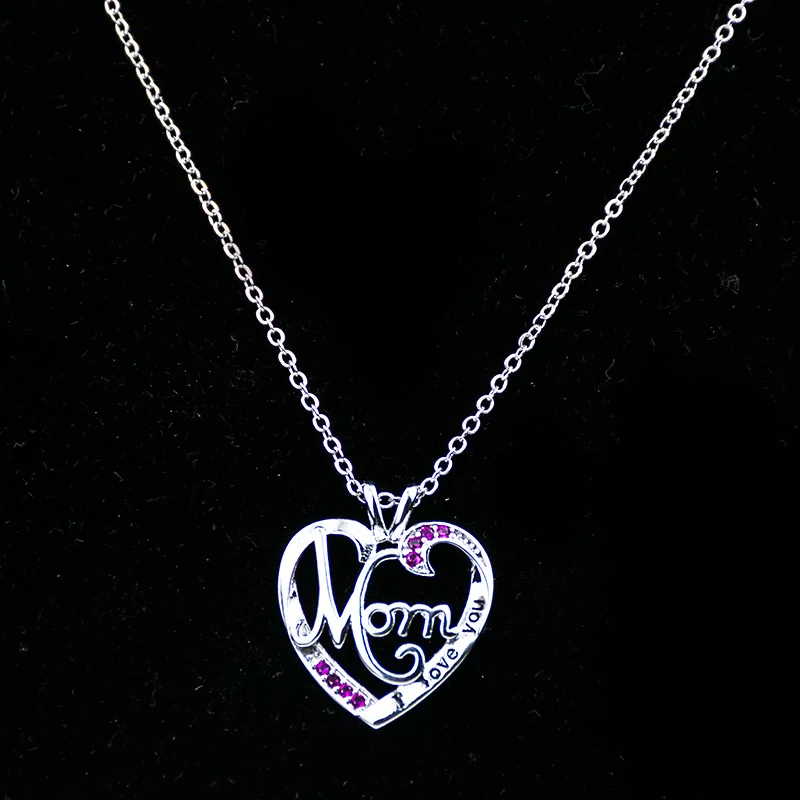 S925 цельное серебряное ожерелье с подвеской для женщин I «Love You Mom» ожерелье с кристалом в виде сердца для подарка на День Матери рождественские украшения - Окраска металла: purple