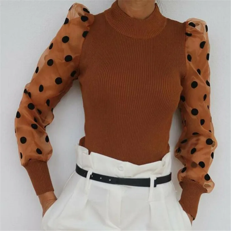 Turtleneck Knitted Polka Dot Puff Long Sleeve Blouse Women Mesh Sheer See-through Shirt Elegant Ladies Slim Tops Blusa Femme