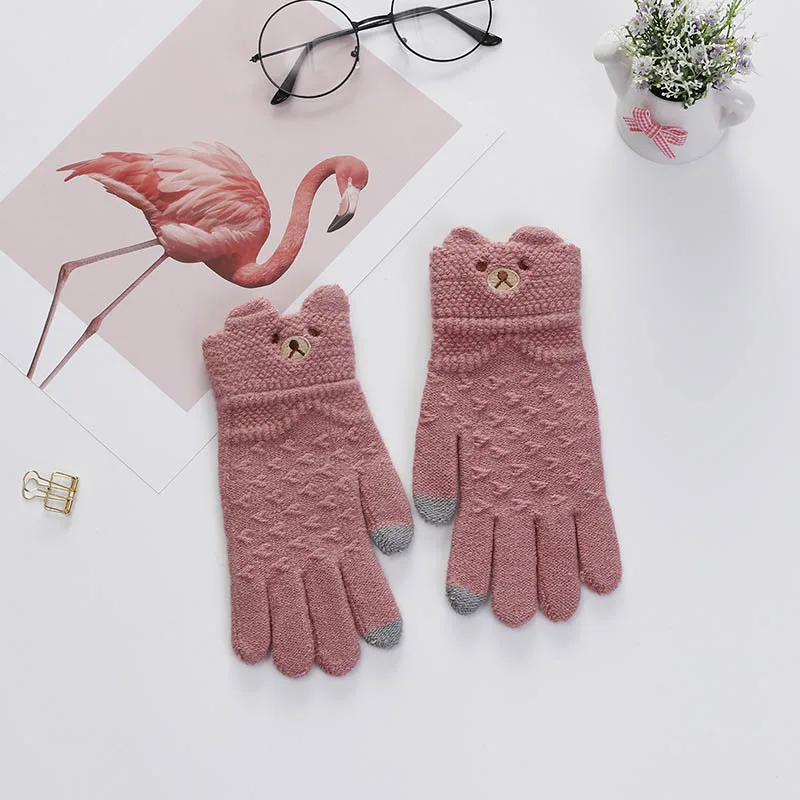 style 1 Женские зимние перчатки с милым медведем, мягкие вязаные перчатки на весь палец, теплые вязаные перчатки для девочек, ручная одежда - Цвет: style 1