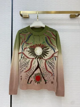 

2020 New Autumn Winter Round Neck Embroidered Jacquard Cashmere 100% Sweater Women Free Shipping