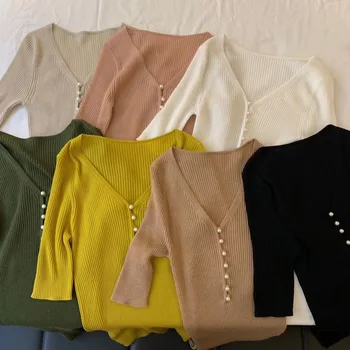 

Women Sweater 2020 Early Spring New Skin-friendly Wool Pullover Pearl Buckle Thin Sleeve V-neck Knit