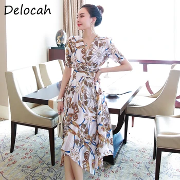 

Delocah Summer Fashion Runway Women A-Line Dress Sexy V-Neck High Waist Vintage Printed Ladies Party Midi Dresses vestidos 2020