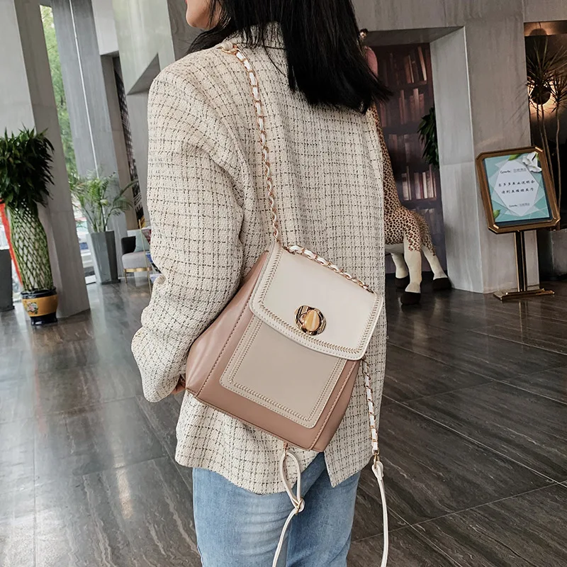 

Shoulders Package Woman Chain Backpack Small Middle School Student Patchwork Crossbody For Women Leather Bolsas Feminina Bag