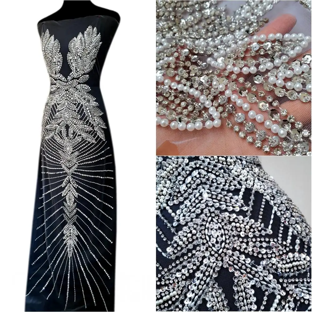 LONG Custom Hand Made Wedding Prom Dress 44x126cm Sew on Rhinestones Crystals Patches White Appliques For Costumes diy Beaded | Дом и сад