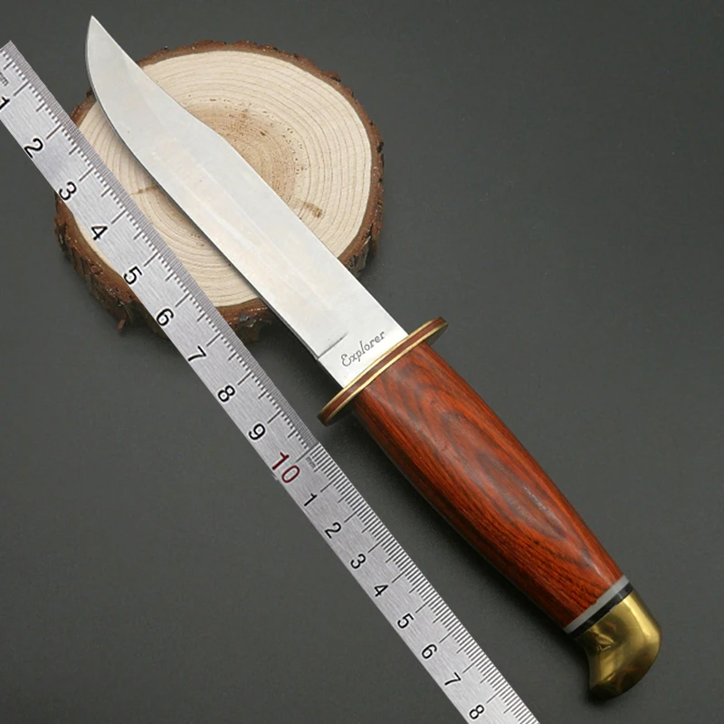 Mengoing Outdoor Self-Defense Survival Knife 5Cr13 Steel Wooden Handle Utility EDC Fixed Blade Knife