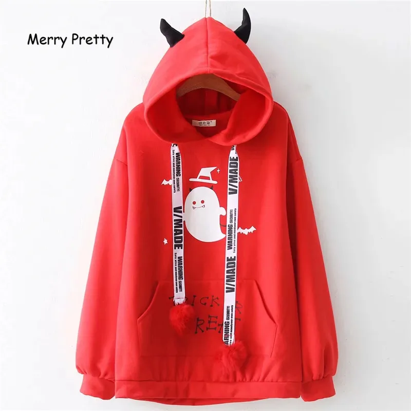 

Merry Pretty Japan Style Devil Horns Gothic Hooded Sweatshirts Women Winter Warm Drawstring Red Black Hoodies Girls Pullovers