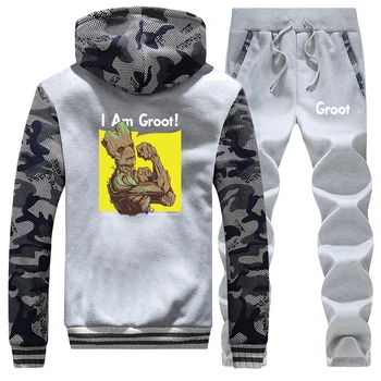 

I'm Groot Funny Printed Winter 2019 New Hoodies Men Fashion Camouflage Sportswear Coat Thick Suit Warm Jacket+2 Piece Set Pants