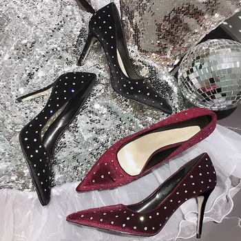 

Wine Red Crystal Women Pumps Shallow Flock Shiny Party Shoes Pointed Toe Rinestone Banquet Ladies Dress Pumps Black
