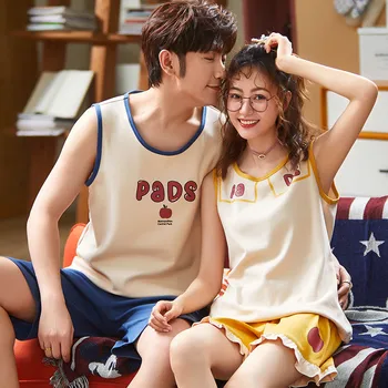 

New Summer 100%Cotton Couple Vest Pajama Sets Short Sleeve Loose Plus Size M-3XL Lovers Pajamas Men Pyjamas Women Nightgowns