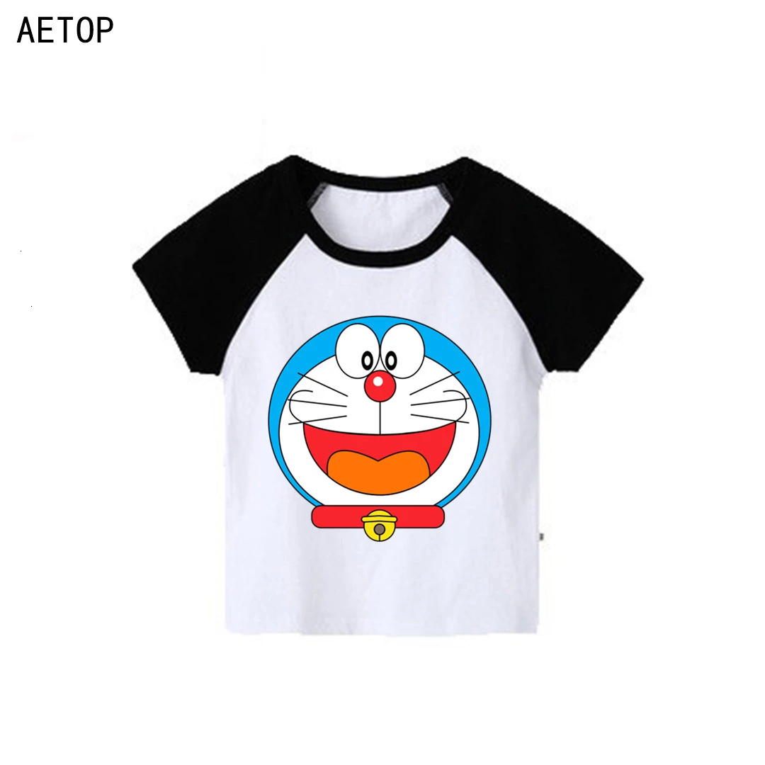 Футболка с короткими рукавами для мальчиков и девочек с принтом «Doraemon» детские топы с круглым вырезом, Детская футболка с рисунком одежда для малышей