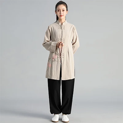 Традиционная одежда Tai Chi, одежда для упражнений для мужчин и женщин, длинная одежда для занятий боевыми искусствами, ручной росписью китайский набор - Цвет: Khaki Set