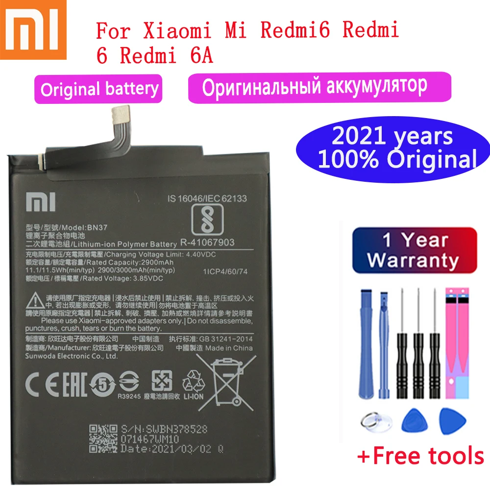 

2021 лет оригинальный аккумулятор BN37 3000 мАч для Xiaomi Redmi 6 Redmi6 Redmi 6A высокое качество телефон замена Аккумуляторы мобильных телефонов + Бесплатные инструменты