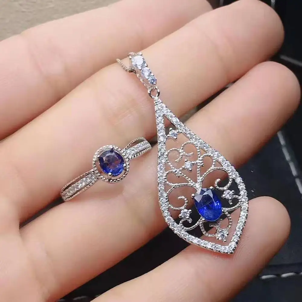 Platinum Классический сапфир S925 высокого класса Кулон Кольцо Набор для модных дам - Цвет камня: Platinum