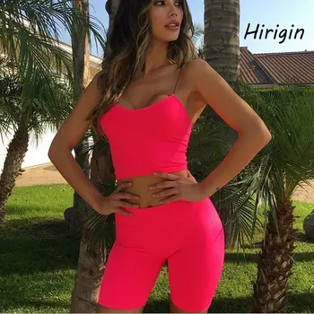 

2pcs Women Sport Set Sportswear Women Sleeveless Crop Tops Vest Tank Shorts Fluorescent Green Bodycon Summer Set Outfits Suit