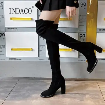 

Fashion Suede Over The Knee Boots Women Winter Boots Black Pearl Decoration Stretch Velvet High Heels Boots ZIP