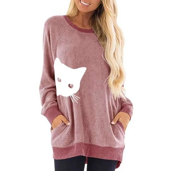 

For Women Cat Letters Print Round Neck Contrast Pocket Kawaii Sweatshirt Femmes Hoodies Women Print Funny Pockets Clothings
